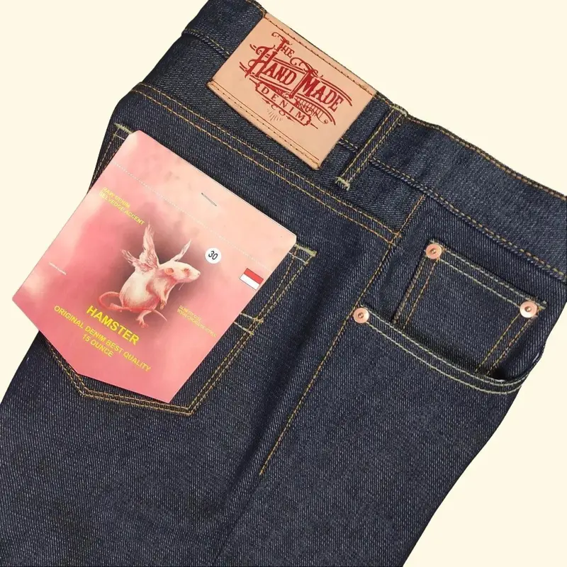 Jeans Denim Selvedge Accent 150z Original Handmade Hamster Fit Pria Slim Retro Hitam 0