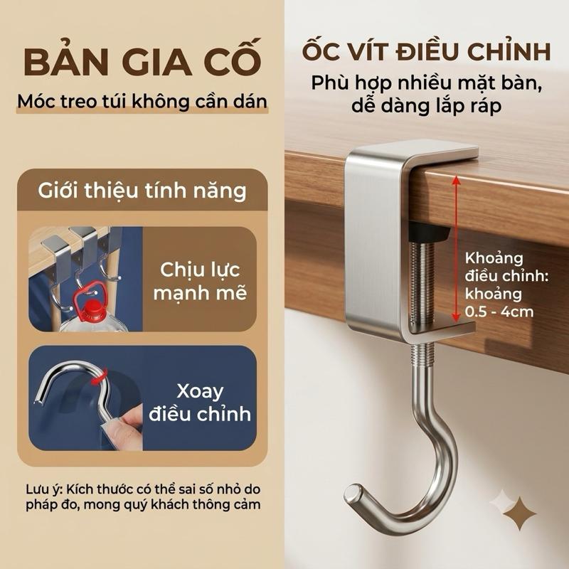 Móc Treo Vít Bàn Dùng Treo Balo Túi Sách - Không Cần Khoan Đục, Dán Keo Bền Đẹp Chắc Chắn