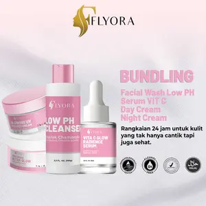 H. FLYORA - Paket Bundling Glowing UV Protect Day Cream + Moisturizer Ultra Glow Night Cream + Low pH Cleanser + Vita C Glow Radiance Serum