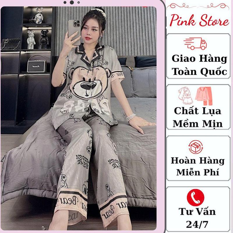 [QD] Set Đồ Bộ Mặc Nhà Lụa Cát, Cổ Bẻ Tay Cộc Quần Dài Mềm Mịn tôn ngủ dongu cong