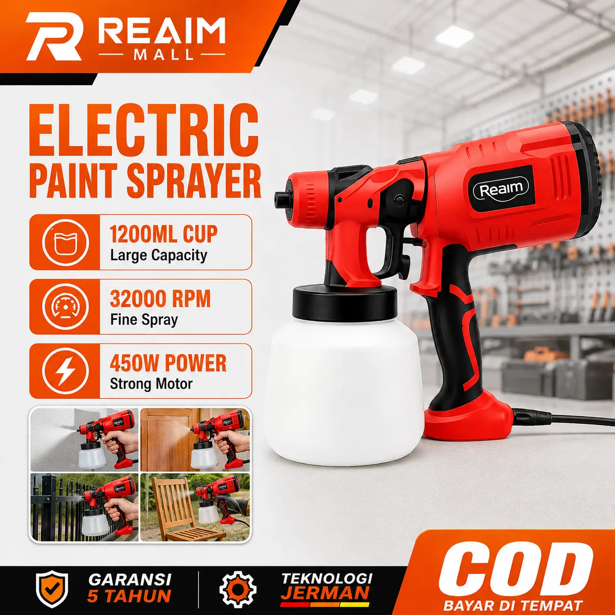 Spray Gun Cat Semprot Elektrik 1200ML 450W REAIM Alat Semprot Cat Tembok Dinding Kayu Furnitur Mobil Motor Pagar Besi Proyek Rumah Tangga Bengkel DIY Hasil Halus Atomisasi Tinggi Cepat Kering Praktis Portable Tidak untuk Cat Minyak Garansi