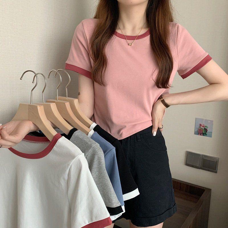 Product Introduction of Áo Lớp Nền Mùa Hè, Hàng Mới Về, Phong Cách Hàn Quốc, Ôm Sát, Ngắn, Áo Sơ Mi Học Sinh, Hợp Xu hướng, Màu Tương Phản, Cổ Tròn, Áo Thun Ngắn Tay, Dành Cho Nữ 3
