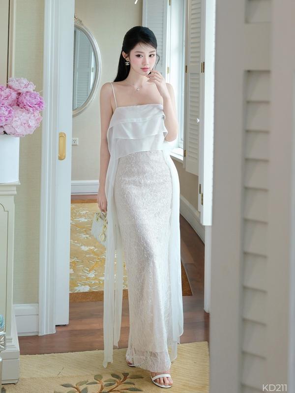  Đầm Khiết dáng dài 2 dây ren hoa kim sa phối tằm tone trắng phong cách dự tiệc sang trọng KD211 