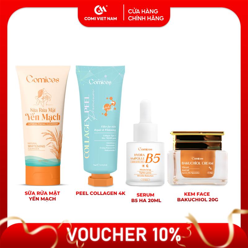[Mua 1 Được 4 UpSize] Combo Sữa Rửa Mặt Yến Mạch(100ml) + Peel Collagen 4K(75ml) + Kem Face Huyết Yến Bakuchiol(20g) + Serum B5 HA(20ml), Hỗ Trợ Dưỡng Da Mặt