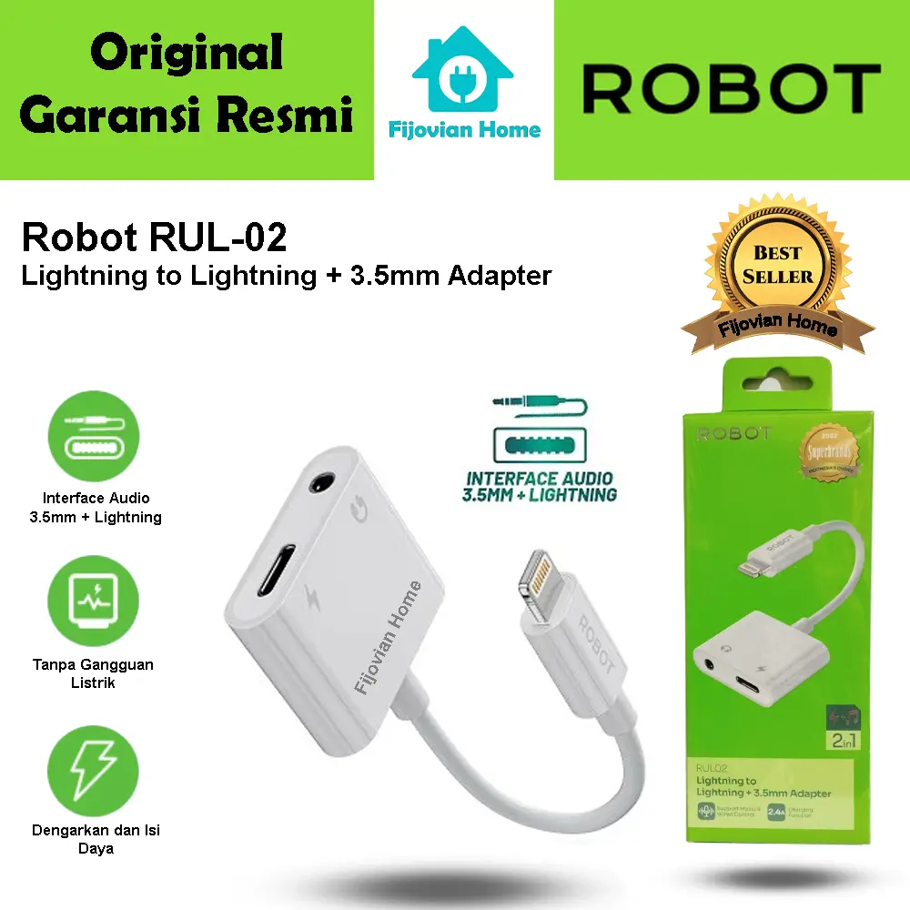 Splitter Robot RUL02 Converter Lightning to Lightning + 3.5mm Jack Audio For iPhone Garansi