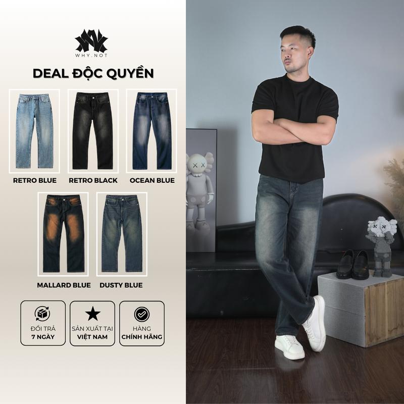   WHY.NOT x CHÚ HÙNG  Quần Jean Nam Ống Suông Rộng Màu Xanh Wash Phong Cách Retro Menswear Pants Phiên bản cao cấp Version 2 