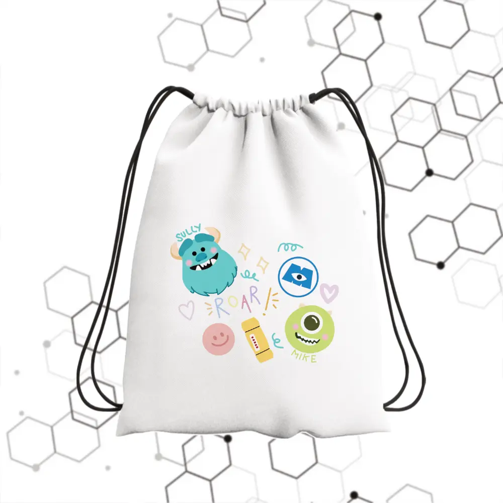 Tas Serut Putih Anak Monster Ink Bahan Blacu Ukuran 30cm x 38cm