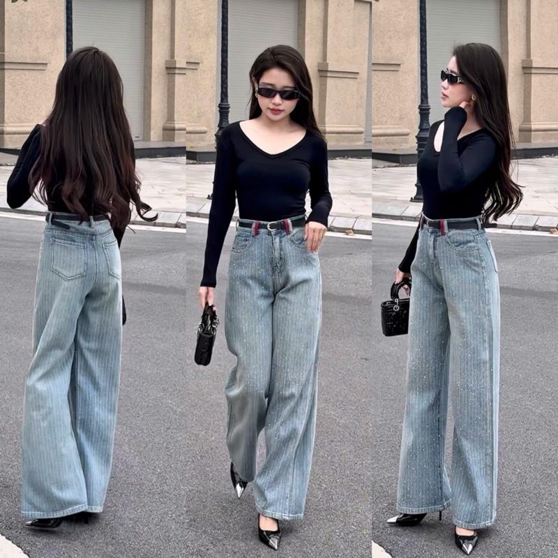  Quần Jean Nữ Ống Suông  ĐÍNH ĐÁ CẠP ĐỎ Phong Cách Sang Trọng  Chất Vải QC Mềm Mịn  Cạp Cao Hack Dáng 