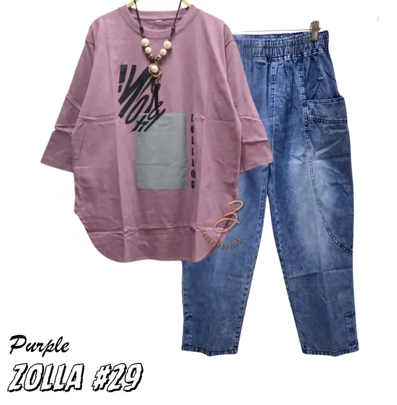 Zolla #29 Setelan wanita ukuran Jumbo Kaos Combed 24s Sablon plastisol Celana Jeans Wash HQ Bisa COD 2