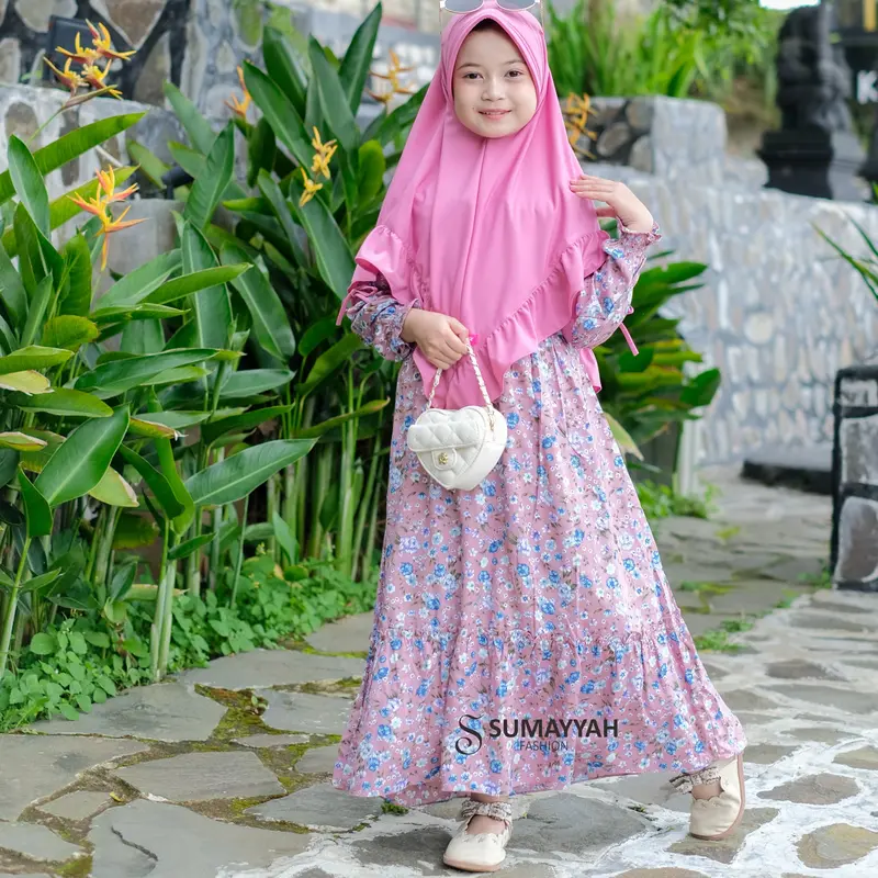 Gamis Rayon Anak Motif Bunga Set Jilbab Jersey Baju Muslim Perempuan Usia 3-10 Tahun 7