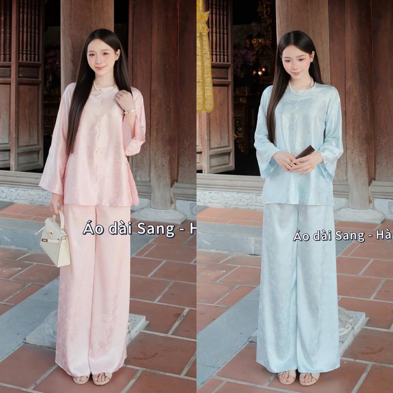 [ Có sẵn]  Set áo bà ba, pháp phục đi chùa chất liệu gấm Trúc chiện cao cấp đính cúc ngọc tiểu thư