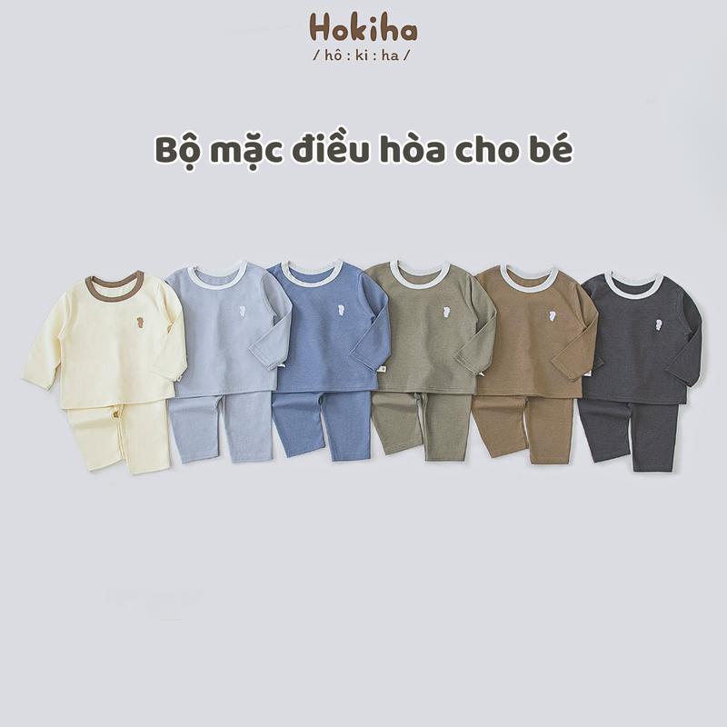 [Hokiha] B123-Bộ quần áo dài tay điều hòa thêu gấu đáng yêu cho bé trai bé gái vải cotton bozip mềm mại, co giãn size từ 8-17kg