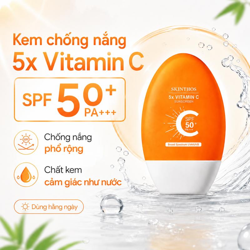 SKINTHOS Kem chống nắng Vitamin C bảo vệ cao (50ml), SPF50+ PA+++. Sản phẩm giúp cấp ẩm, có kết cấu mỏng nhẹ, thoáng khí và nhẹ tựa nước. Kem tạo màng nhanh chóng sau khi thoa, mang lại cảm giác tươi mát, không gây nhờn rít và phù hợp với da dầu.