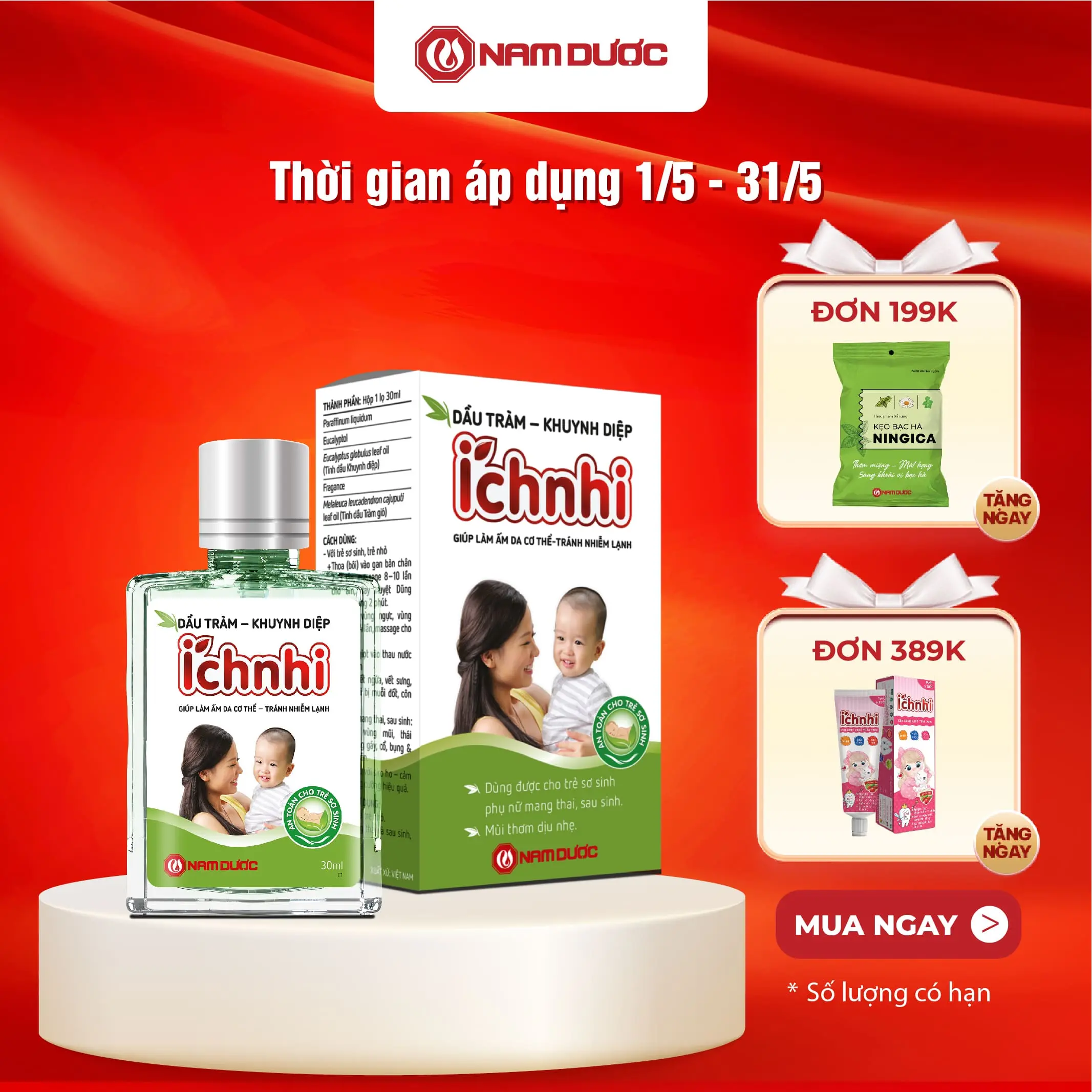 Dầu tràm khuynh diệp Ích Nhi 30ml - Hỗ trợ phòng cảm lạnh, làm ấm, an toàn cho trẻ sơ sinh và phụ nữ mang thai, sau sinh