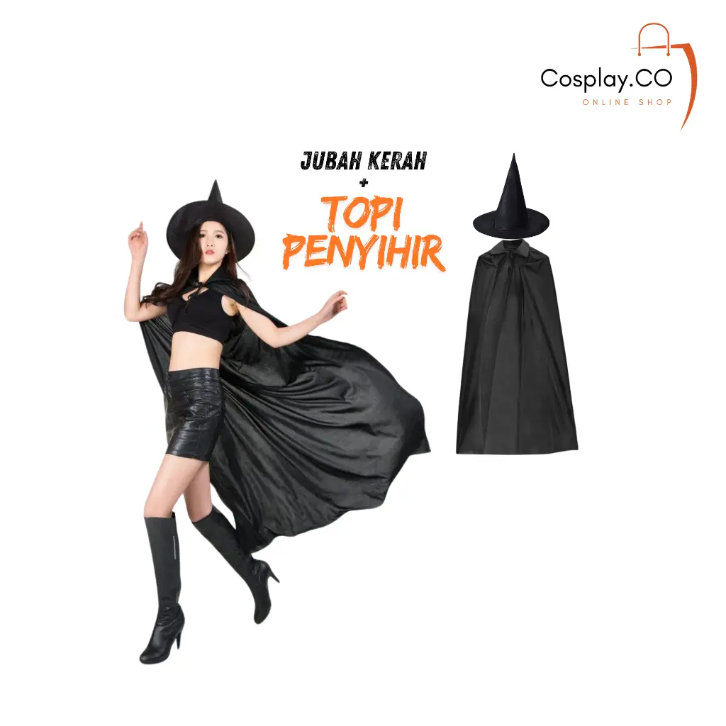 Cosplay Set Jubah Hitam Kerah Dan Topi Penyihir Dewasa Cosplay Halloween