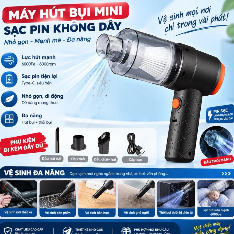 Máy Hút Bụi Mini Cầm Tay Không Dây Lực Hút 6000MPA - Máy Hút Nhỏ Gọn, Pin Sạc Tiện Lợi, Lực Hút Mạnh