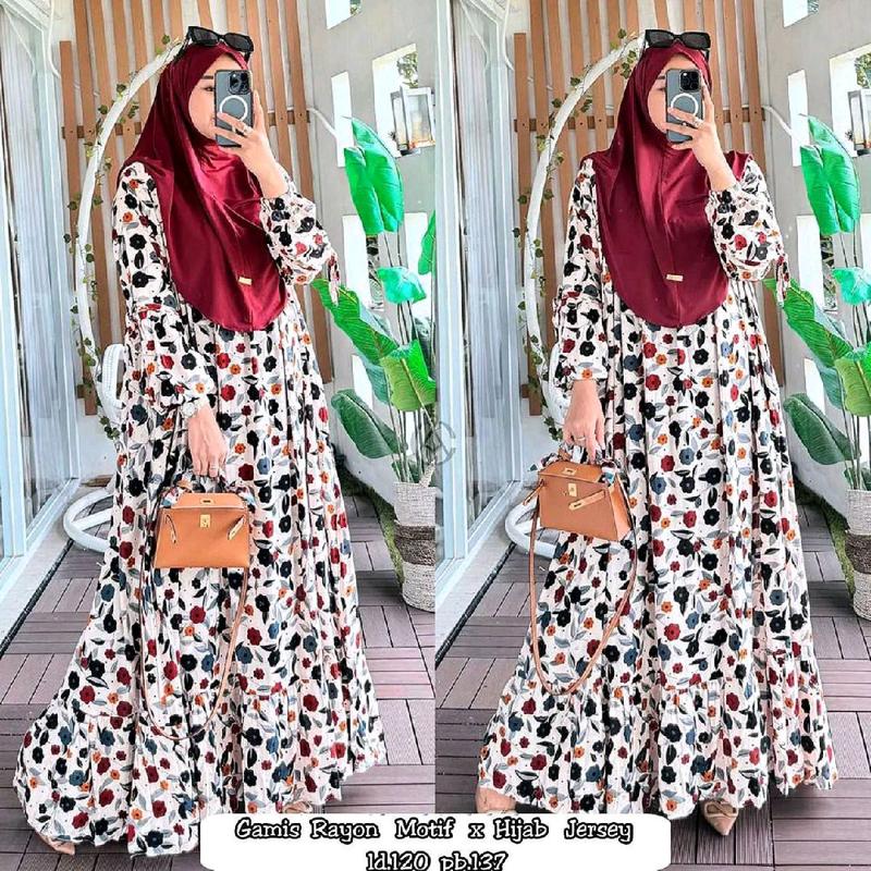 Gamis Rayon Set Hijab jumbo busui Gamis Busui Friendly Rayon Diamond Kekinian Free Hijab  Gamis Motif Long Dress Set Hijab 0