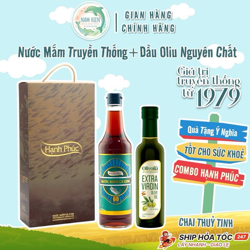 Hộp Quà Biếu Chai Nước Mắm Cá Cơm Hạnh Phúc 60 Đạm 500ml Và Dầu Ô Liu Extra Virgin 250ml - Nam Hiền Food