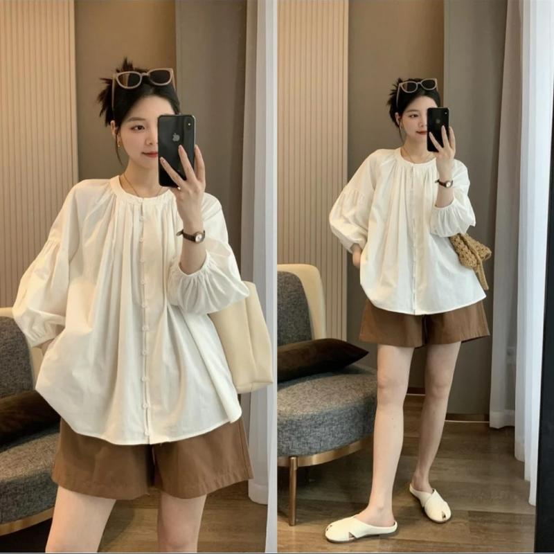  Sét Bộ quần áo Bầu áo trắng tay lỡ cổ tròn xinh xắn quần cạp nâu chun điều chỉnh co giãn thoải mái mặc đi làm đi chơi quà tặng 