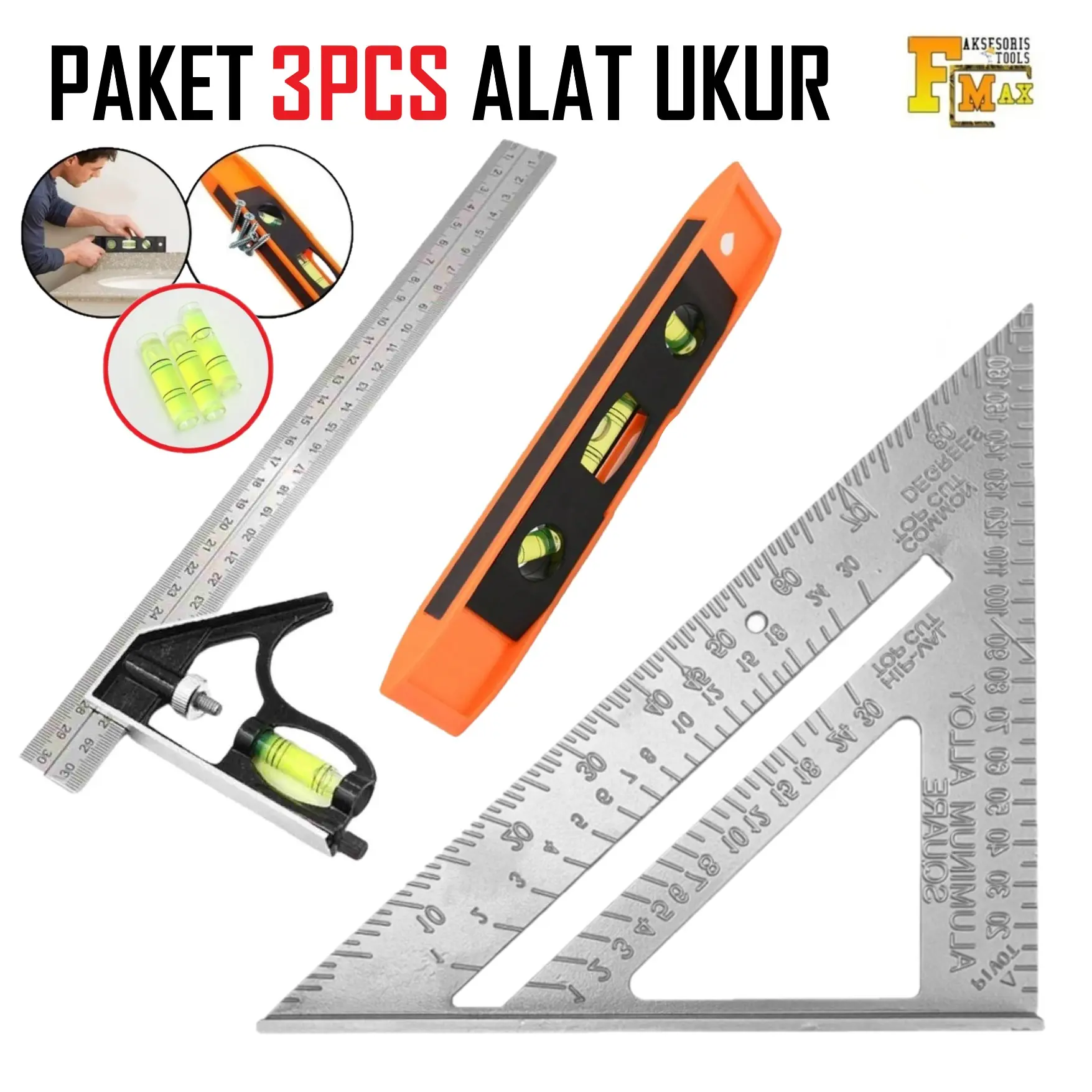 Paket Penggaris Tukang Siku Mistar Multifungsi + Waterpass Magnet 9 Inch + Penggaris Segitiga