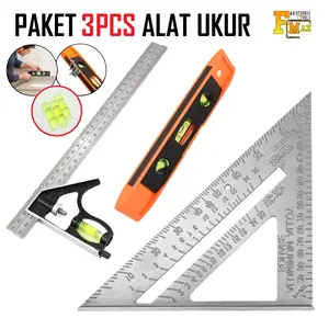 Paket Penggaris Tukang Siku Mistar Multifungsi + Waterpass Magnet 9 Inch + Penggaris Segitiga