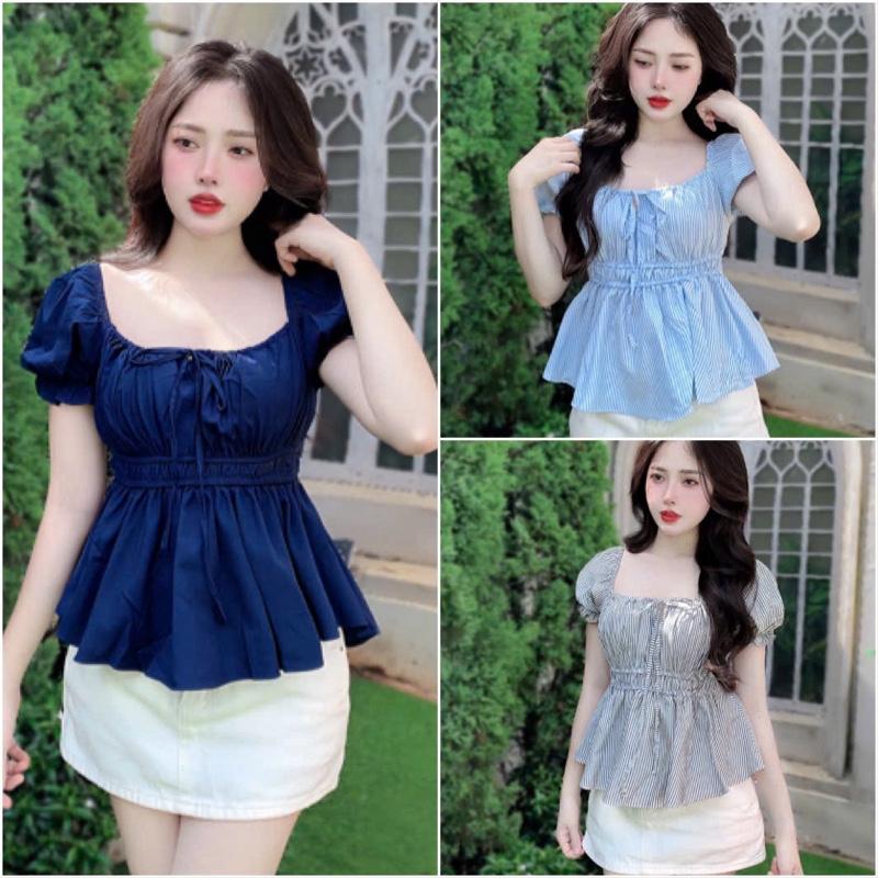 Áo babydoll cổ vuông thắt nơ tay phồng Bigsize 40-85kg (579) chất liệu lụa hàn và đũi sọc kiểu dáng chiết eo trẻ trung dễ thương