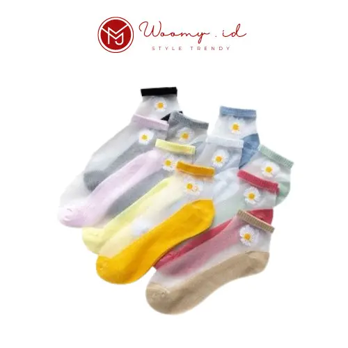 Woomy KK211 Kaos Kaki Wanita Pendek Semata Kaki Motif Bunga Daisy Transparan Socks Korean Fashion Bahan Nylon Nyaman Panjang Tipis Ankle 0