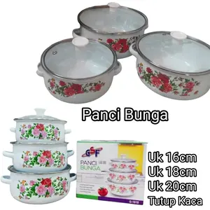 Panci Set Enamel 3pcs wajan viral Kitchenware Kaca Bunga