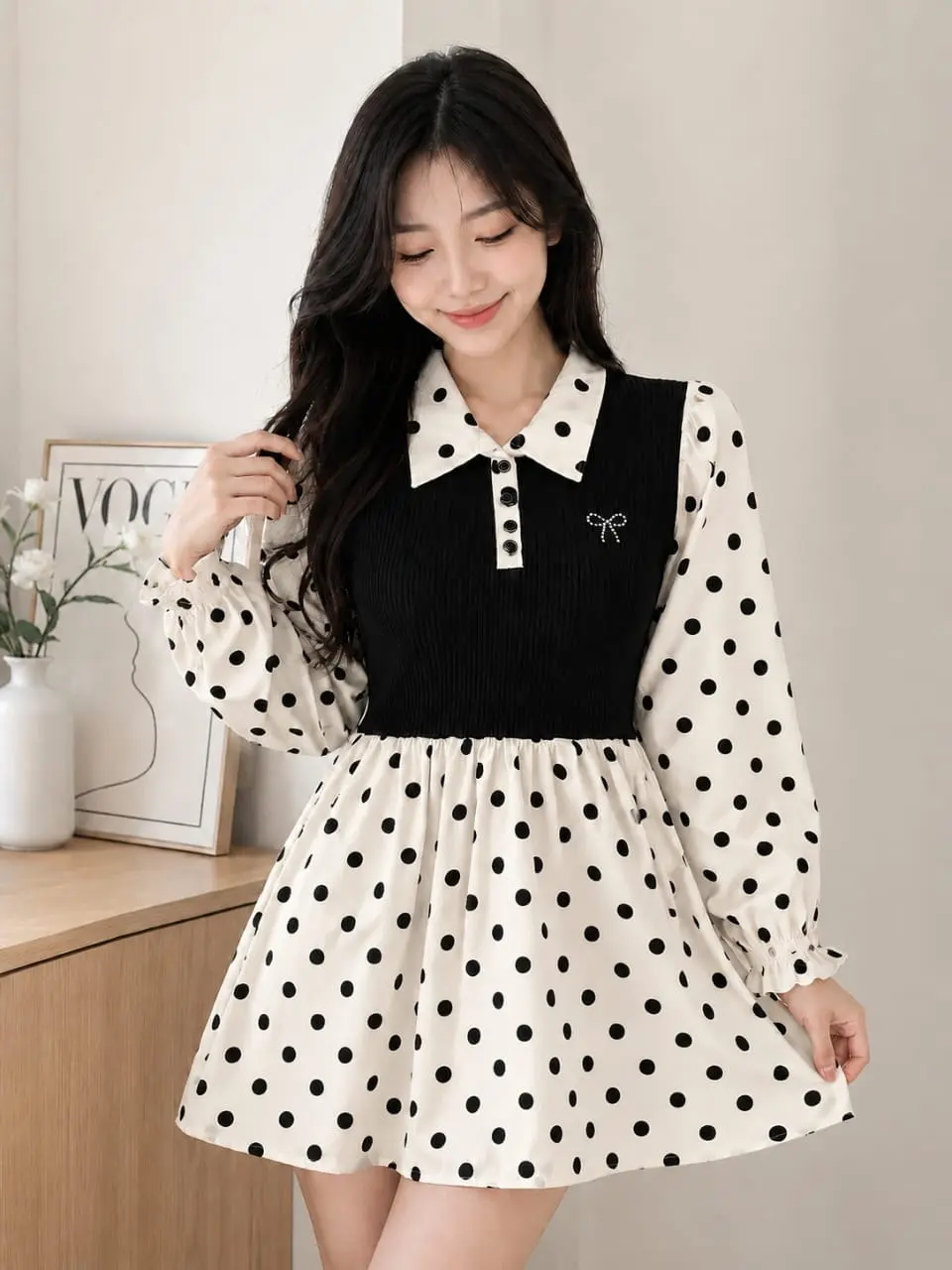Kemeja Lyly Kenit Kombinasi Rayon Polkadot Model Korean Styl BY JHON.ID