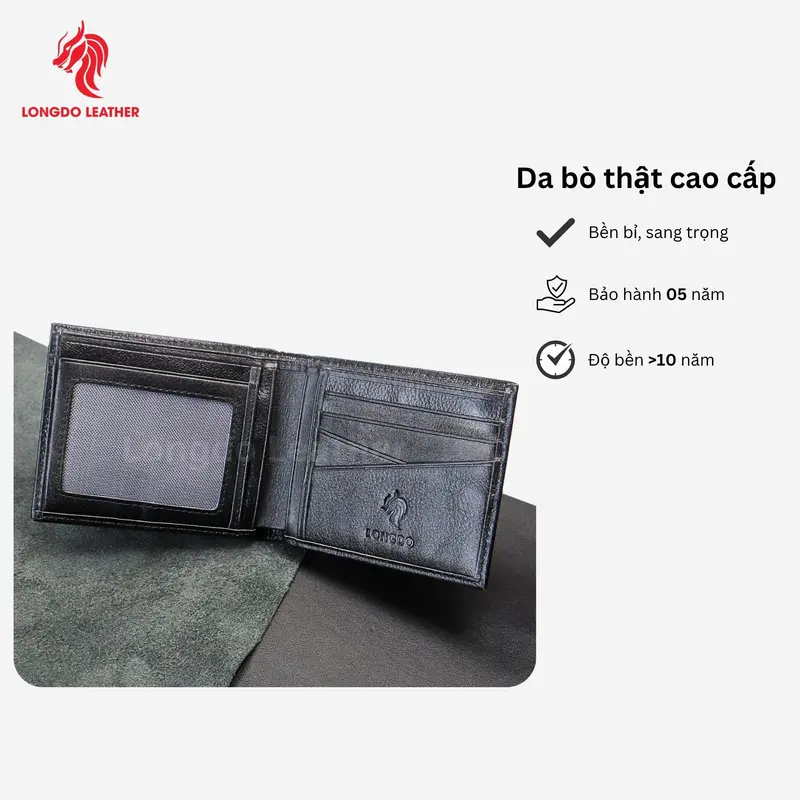 B11 - Bóp da nam da bò thật màu xanh lá, ví ngang gập đôi thương hiệu Longdo Leather - Bảo hành 5 năm 1