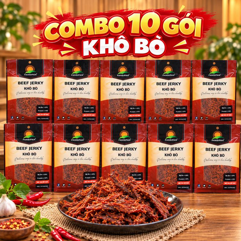 COMBO 10 Gói Khô Bò Sợi 50g/Khô Gà Cay 50g Fansipan Đảm Bảo ATTP