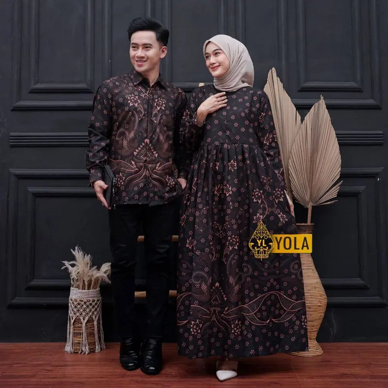 Baju Batik Couple Modern - Sarimbit Batik Kondangan Kekinian - Couple Gamis Batik dan Kemeja Polyester 4
