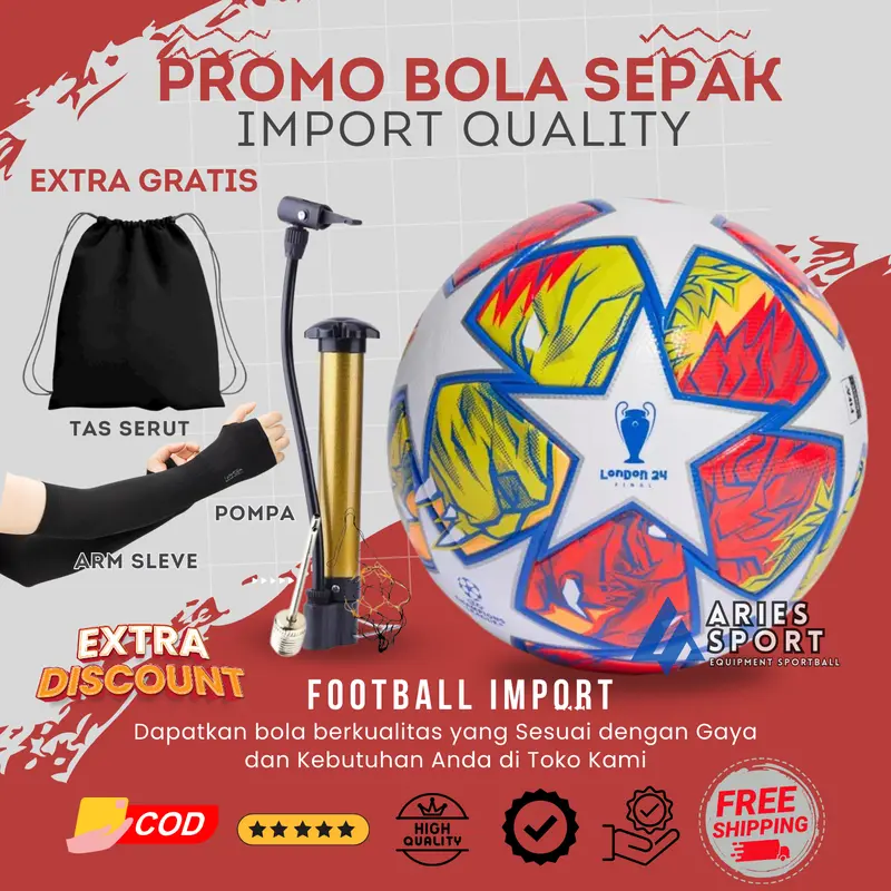 BOLA SEPAK ORIGINAL 100% (BONUS POMPA JARING DAN PENTIL 0