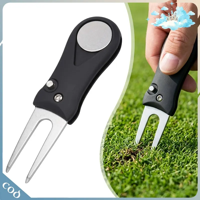Divot Tool Golf Black Foldable Repair Fork Untuk Green Putting Ball Marker Praktis Portable