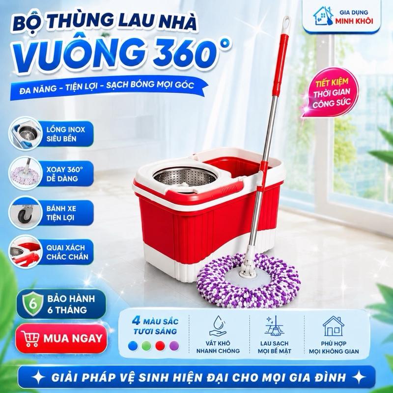 Bộ Thùng Lau Nhà Vuông 360 Độ Cây Lau Tự Vắt Thông Minh - Tặng kèm bông lau