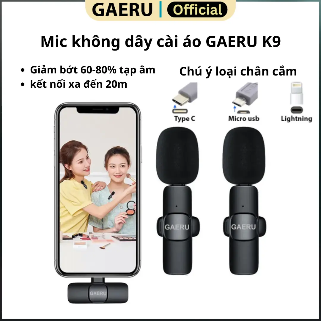 Mic thu âm cài áo không dây GAERU K9 lọc giảm tiếng ồn xung quanh, livestream, quay video, ghi âm, cho điện thoại/ máy tính/ laptop [BH 12 tháng] thuam micro  lavalier mic k9