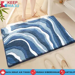 KEEP MAJU Keset Premium Anti Slip Bulu Tebal Keset Kamar Mandi Motif Biru Elegan Menyerap Air Tinggi Mudah Dibersihkan