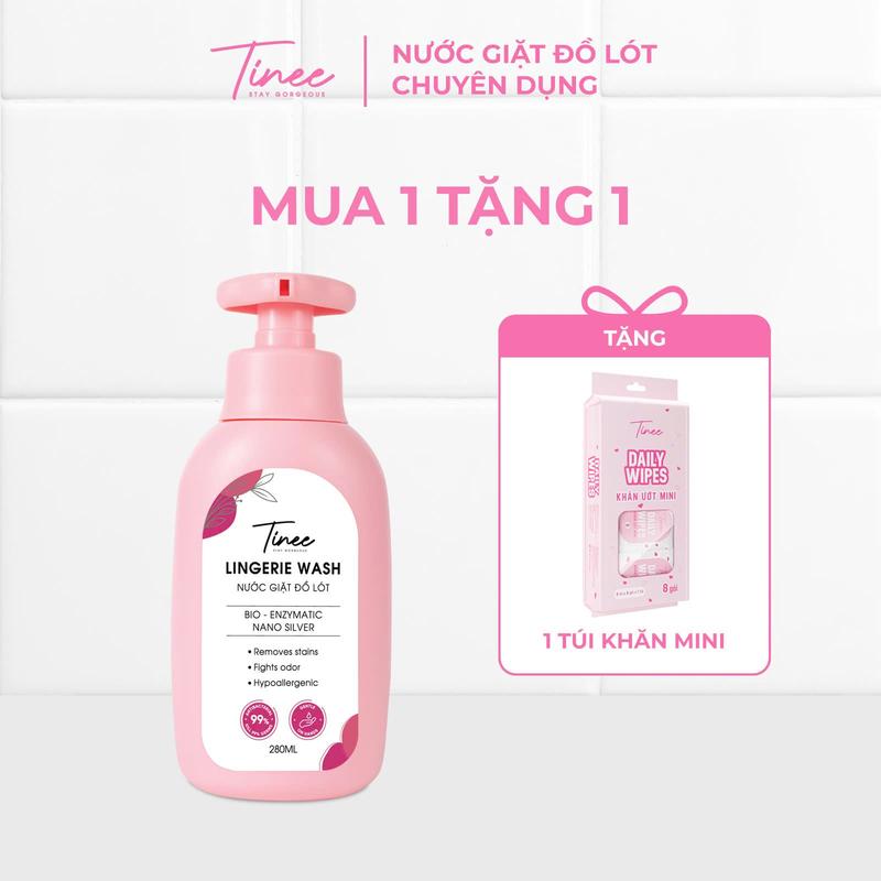 [MUA 1 TẶNG 1] Nước Giặt Đồ Lót Chuyên Dụng Tinee - Nano Bạc Hạn Chế Nấm Khuẩn (280ml/ chai) + Tặng Túi Khăn Ướt Mini ( Túi 8 Gói - 8 Tờ/ Gói )