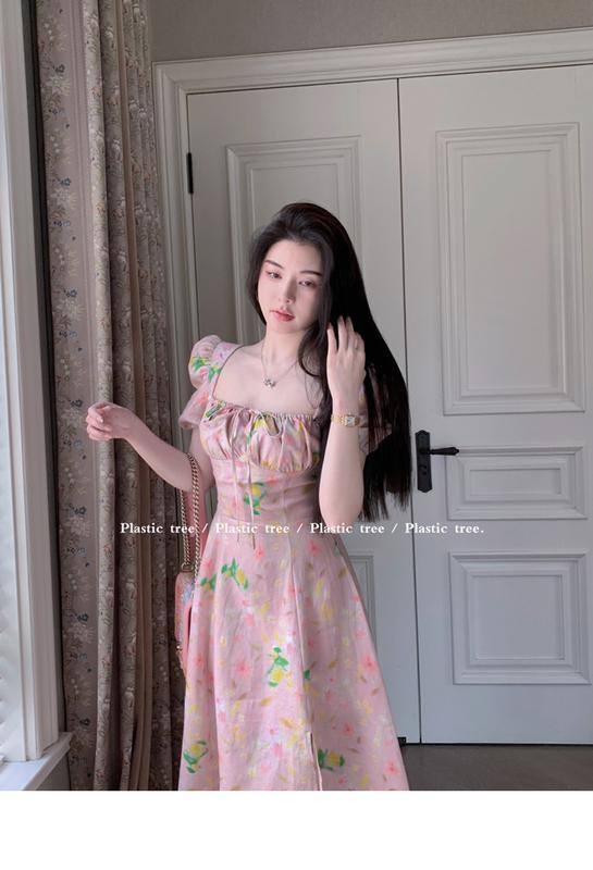 Product Introduction of phụ nữ ăn mặcĐầm Voan Pháp, In Hoa Mùa Hè, Cạp Cao Xẻ Tà, Hàng Mới Về Cho Nữ, Bó Sát Eo, Cổ Vuông, Tay bồng Hoa, Đầm Midi Dress Women 20