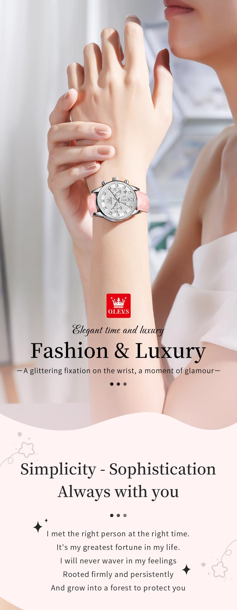 Product Introduction of OLEVS Original Quartz Watch for Women Mother's Day Gift Waterproof Chronograph Leather Strap Calendar Korean Style Fashion Stainless Steel Ladies Wristwatch Box 3669 22