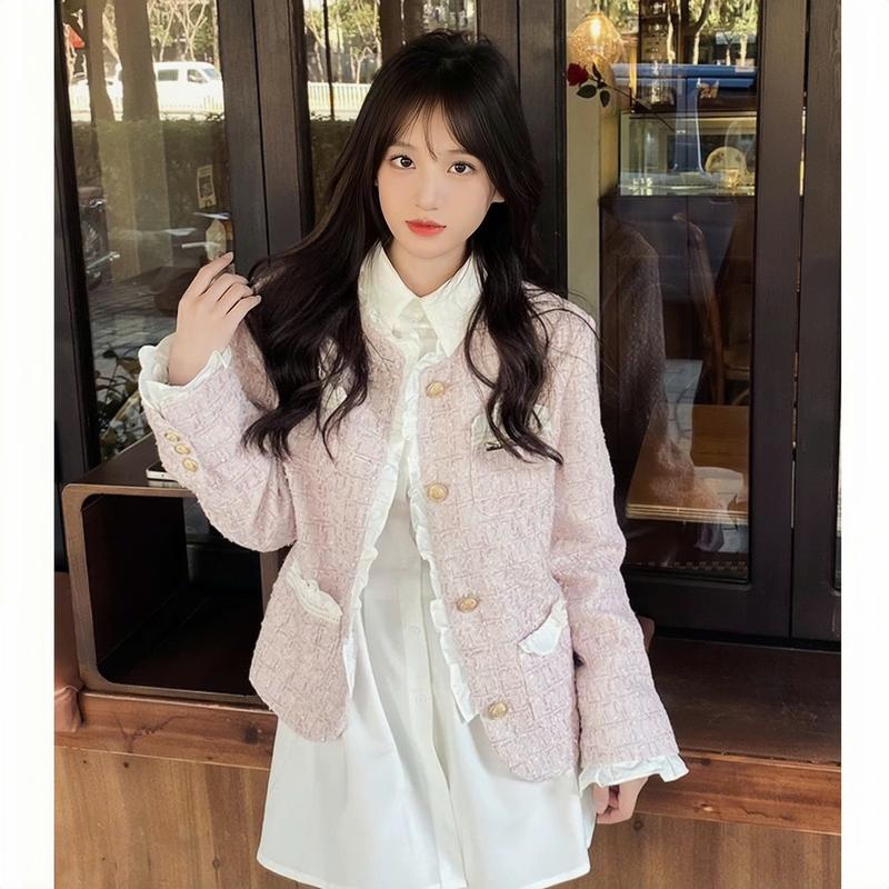 Áo khoác ngoài kiểu nữ AK125 tiểu thư chất dạ tweed blink màu hồng có lớp lót xinh Hàn Quốc viền bèo Kozoda Top Women