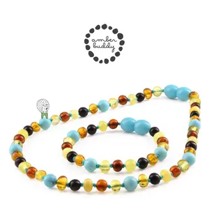 Amber Buddy | LE465 Kalung & Gelang bayi Baltic Amber kombinasi Turquoise. 32cm & 14cm
