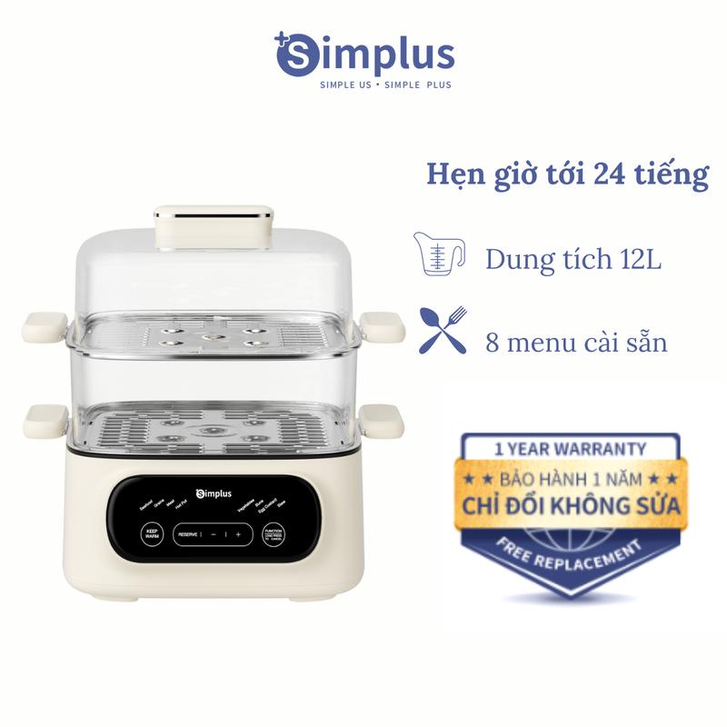 SimplusVN Nồi hấp điện Simplus DZEG004, Nồi hấp/lẩu 2 tầng, Dung tích lớn 12L, Hẹn giờ tới 24 tiếng, 8 Menu cài sẵn, Vỉ hấp Inox không gỉ sét Bảo hành 1 năm chỉ đổi không sửa