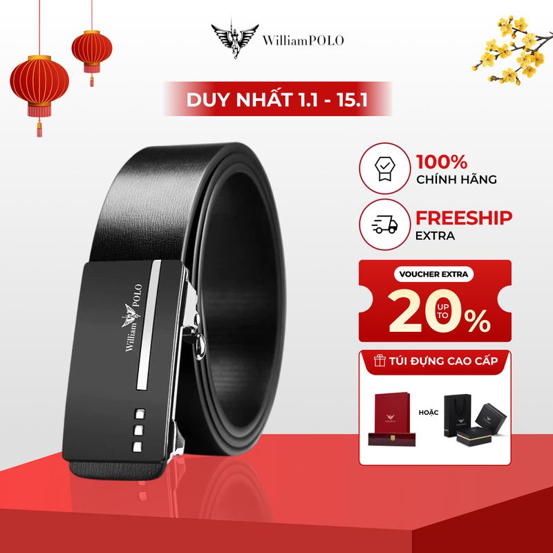  Thắt lưng nam da bò cao cấp Williampolo mặt đen bạc khóa tự động họa tiết nổi sang trọng 