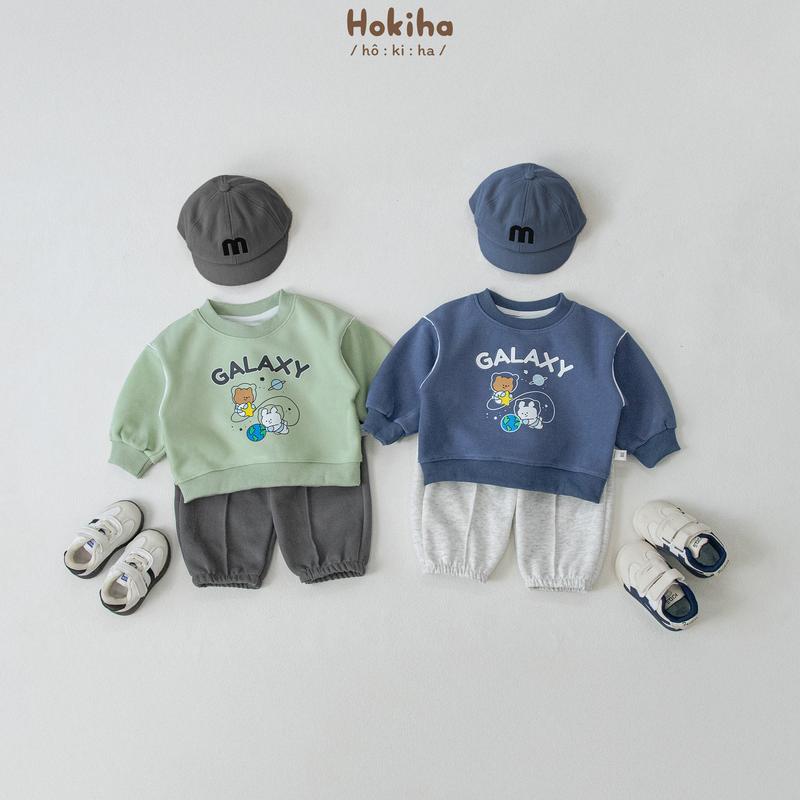   Hokiha  B224- Bộ quần áo dài tay mí viền hình vũ trụ cho bé trai bé gái vải nỉ ép 2 da mềm mại ấm áp size 8-17kg 