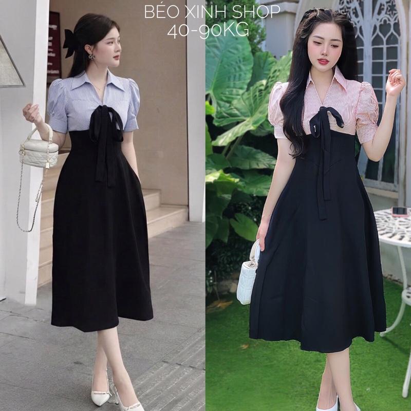 Váy Dự Tiệc Cổ Sơ Mi Phối Nơ Vải Cotton Lạnh Phối Lụa Sọc Phối Nơ  40 - 90Kg Thời Trang Nữ Béo Xinh Shop - A.1357