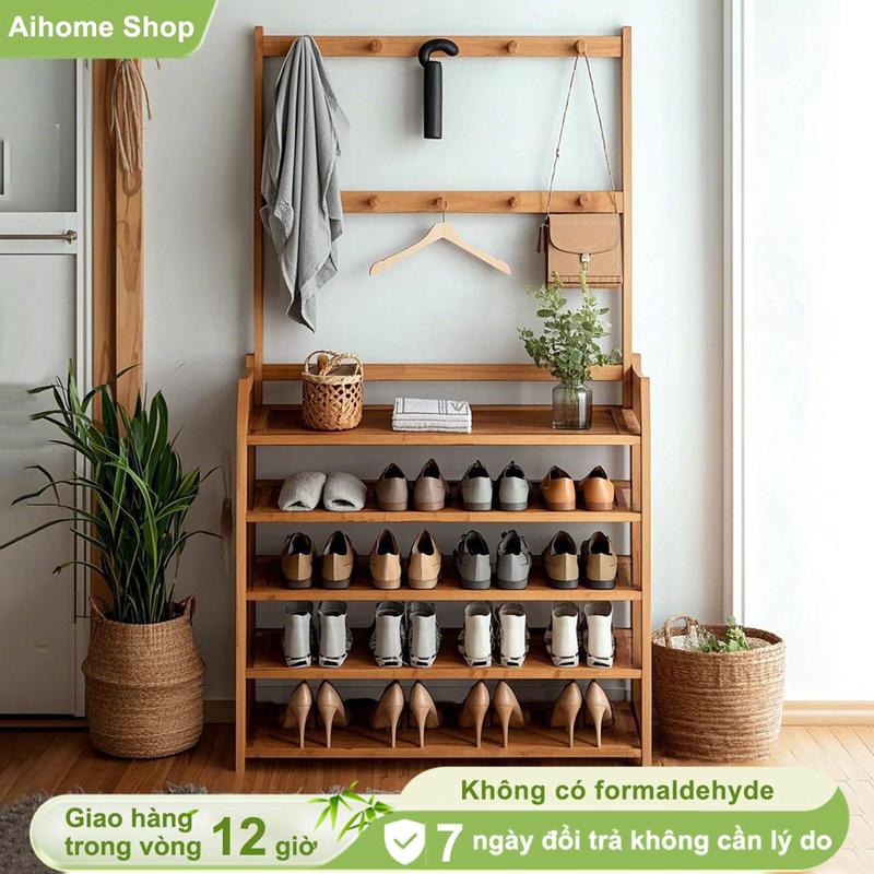 AI Kệ Giày Dép Kết Hợp Chỗ Treo Đồ Đa Năng Tiện Lợi ,Giá Kệ Chữ L 4 Tầng Gỗ Tre Phong Cách Hiện Đại Treo Quần Áo Nón Túi Xách Để Giày Dép chổi tàu dừa omamori himari kệ giày dép đa năng kệ để giày dép kệ giày dép đa năng kệ đựng giày dép