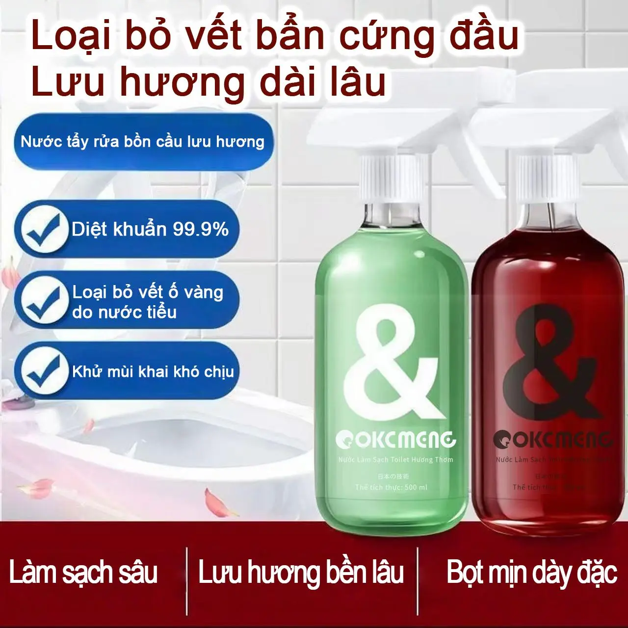 dung dịch xịt bồn vệ sinh OKCMENG 500 ml | Loại bỏ vết cứng đầu và cặn lâu năm, tiêu diệt mùi hôi, nấm mốc và vi khuẩn mạnh mẽ, làm sạch sâu các vết vàng cứng đầu, hương thơm tươi mát lâu dài, không chứa hóa chất khắc nghiệt, an toàn cho mọi bề mặt bồn vệ