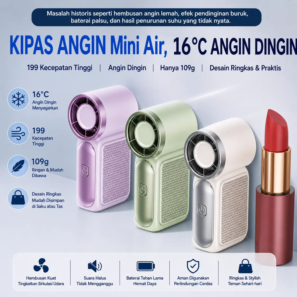 Kipas Mini Portable Turbo Premium USB Rechargeable Angin Super Kencang Low Noise