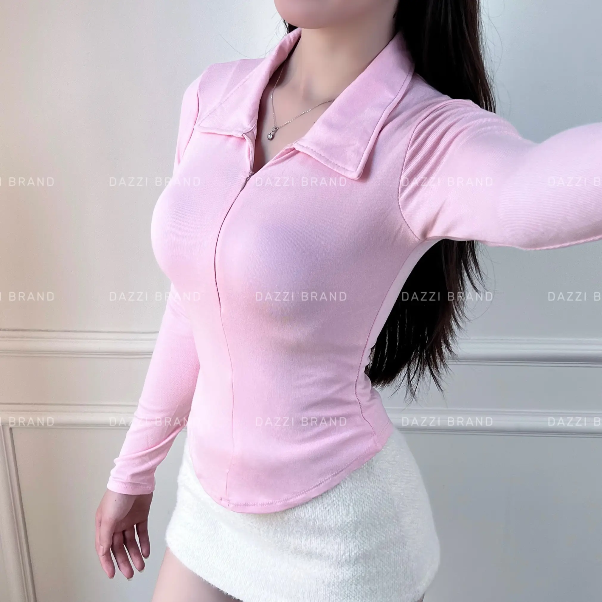 Áo thun nữ cổ bẻ tay dài phối dây kéo ôm dáng vạt bầu vải cotton mịn DAZZI Polo Women TD022 | BigBuy360 - bigbuy360.vn